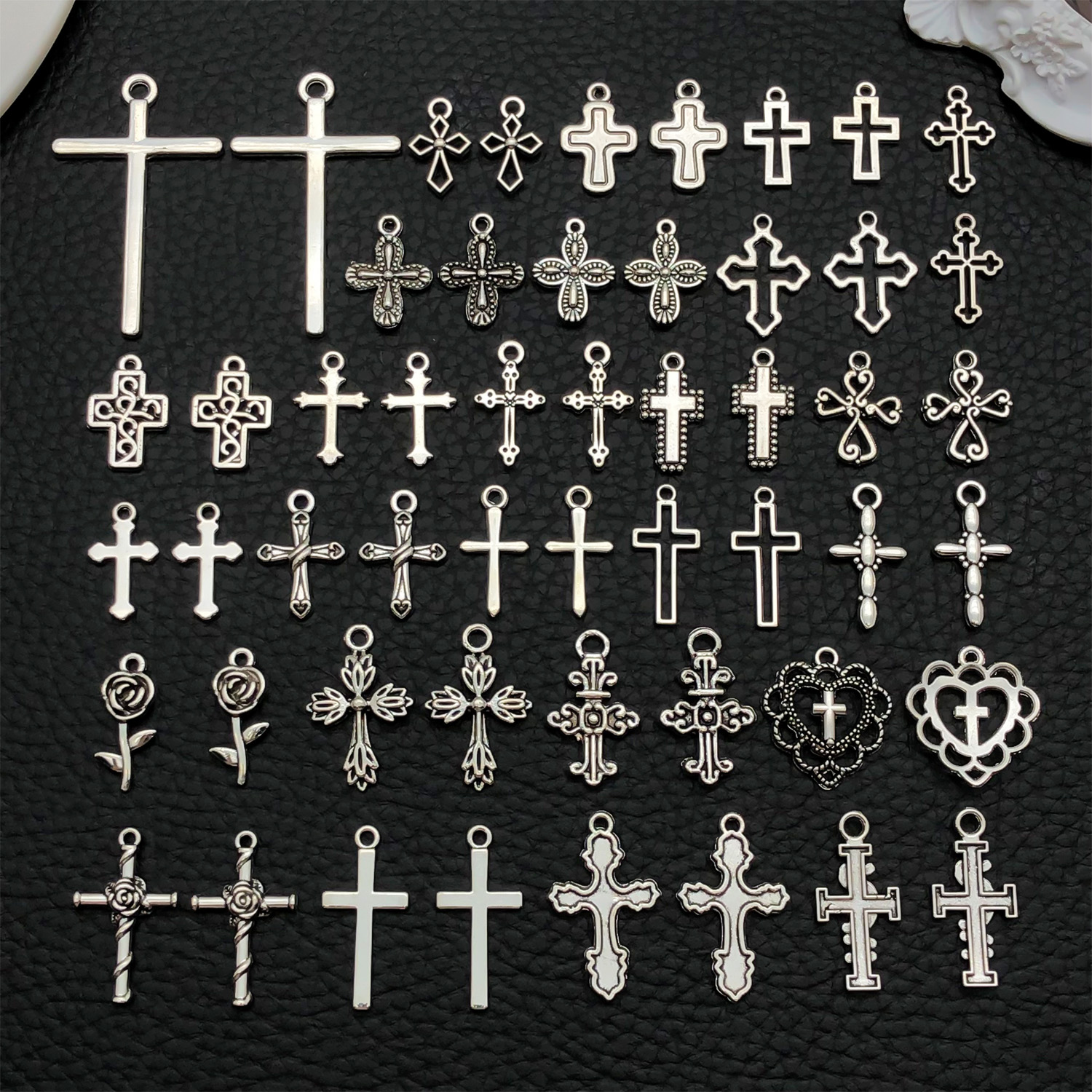 Ethnic Fashion Jewellery - 52pcs Assorted Cross Pendants (Antique Silver/Black)